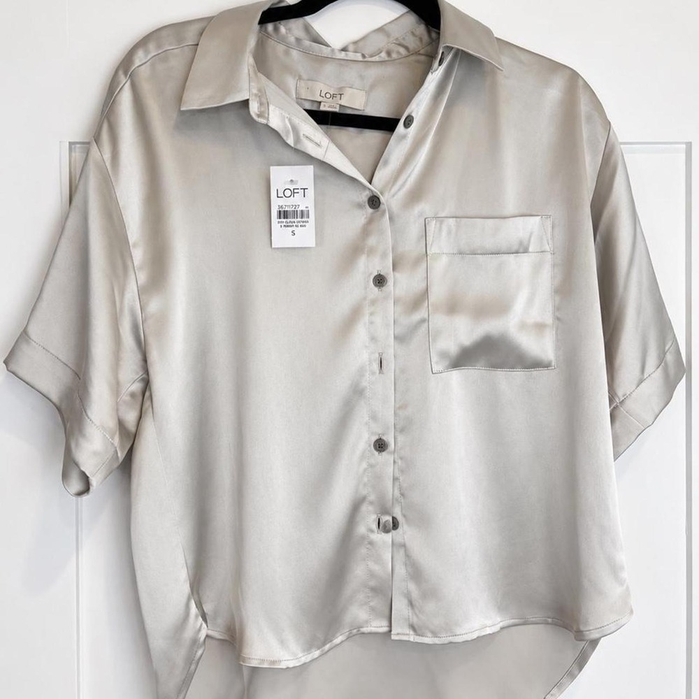 LOFT Silver Satin Button Front Blouse — Small, NWT